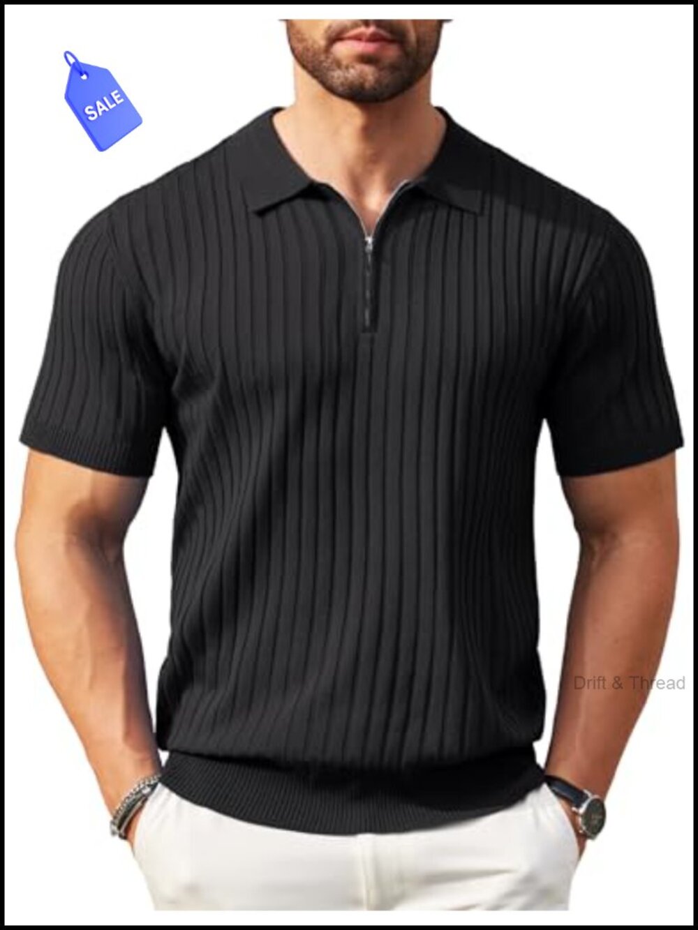 Men's Quarter Zip Ribbed Knit Polo Shirt Short Sleeve Golf Tee